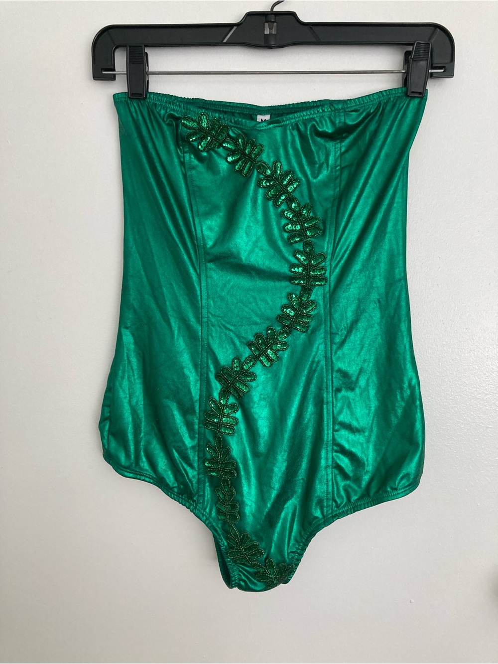Poison Ivy Green Strapless Bodysuit, With Beaded & Sequin Leaves Design, Medium
